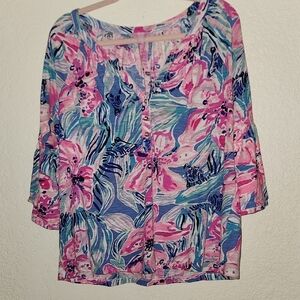 Lilly Pulitzer Floral Bell Ruffle Sleevr Sz L Blouse Top